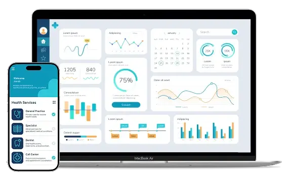 Visual representation of a unified communication solution for healthcare, showing integrated data charts, patient communication tools, and mobile-accessible services.