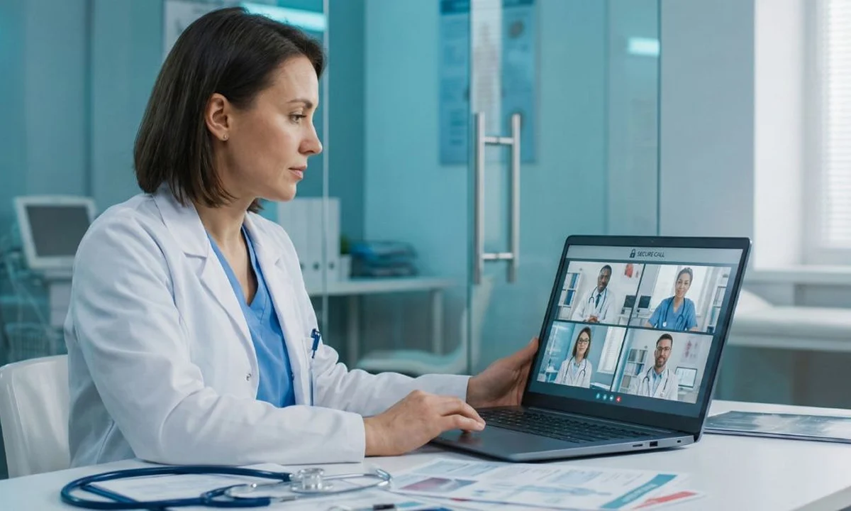 Female physician conducting a secure interprofessional video consult on a laptop with four colleagues, symbolizing unified communication and patient privacy.